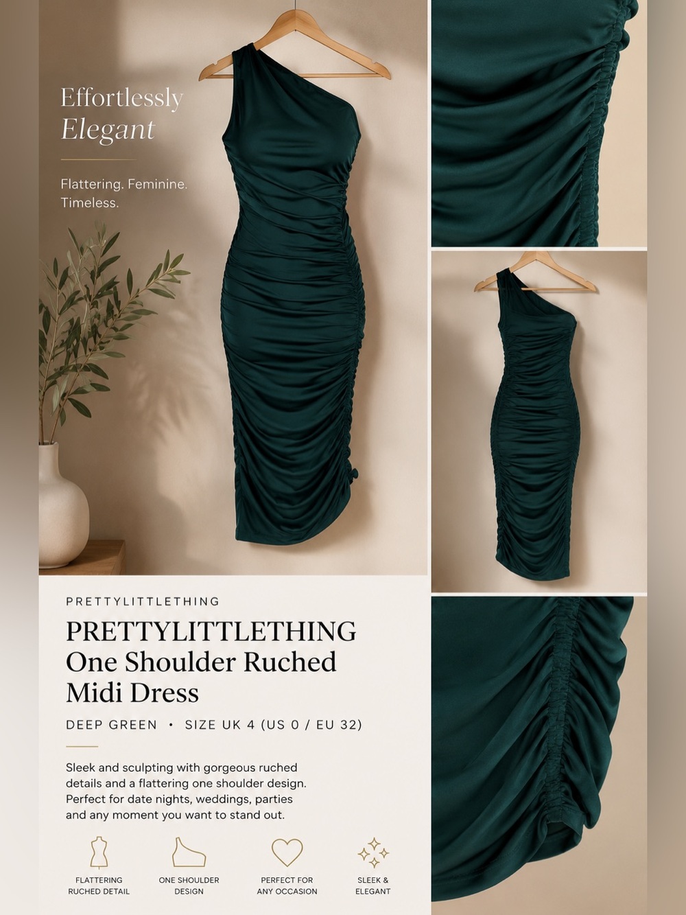 PrettyLittleThing One Shoulder Ruched Midi Dress Green size 0
